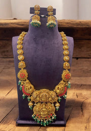 Beautiful long haram with coral beads and God laxmi motive locket with guttapusalu hangings -pairing with beautiful jumkhas